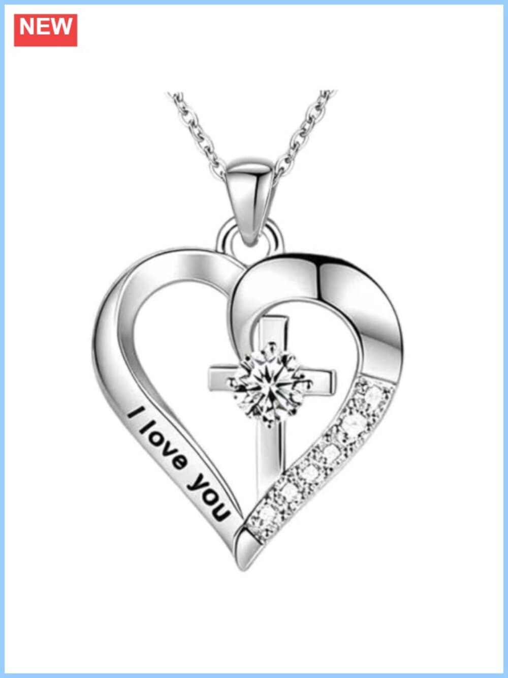 925 Sterling Silver Heart Cross Pendant Necklace Moissanite I Love You Engraved